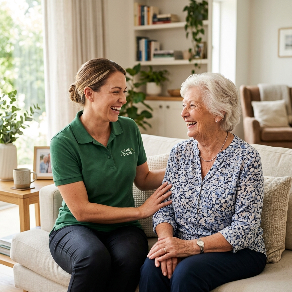 Friendly female caregiver smiling and talking with an elderly lady on a living room sofa